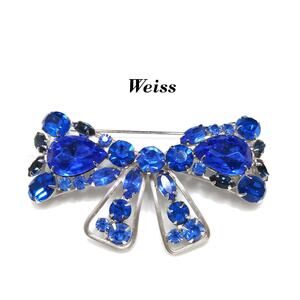 Vintage Weiss Cobalt Blue Rhinestone Bow Brooch Rhodium Plated